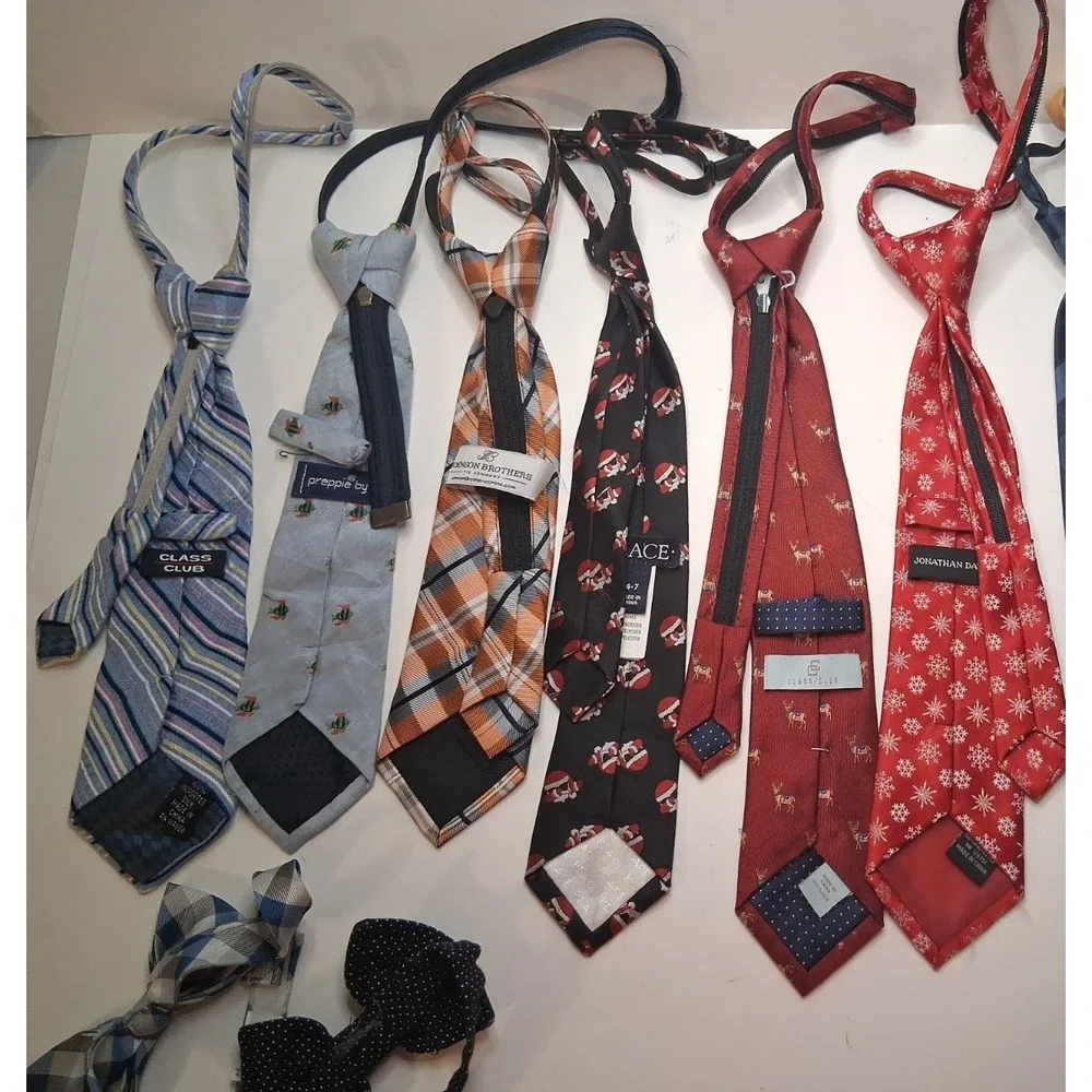 Lot of 6 Boys Zipper Pre-Tied Neckties & 2 Bow Ties Assorted Brands Colors